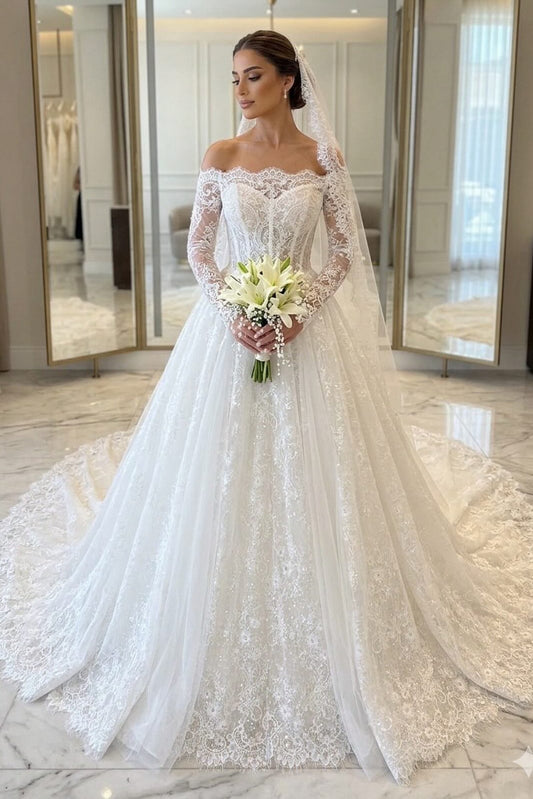 Off-the-Shoulder Lace Long Sleeve Ball Gown