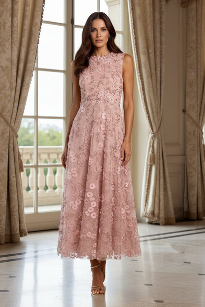 Floral Applique Sleeveless Tea-Length A-Line Dress