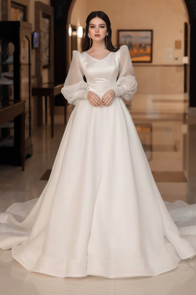 A-Line Wedding Dress with Puffy Sheer Sleeves