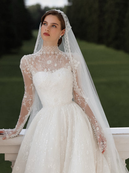 High Neck Long Sleeve Lace A-Line Wedding Dress