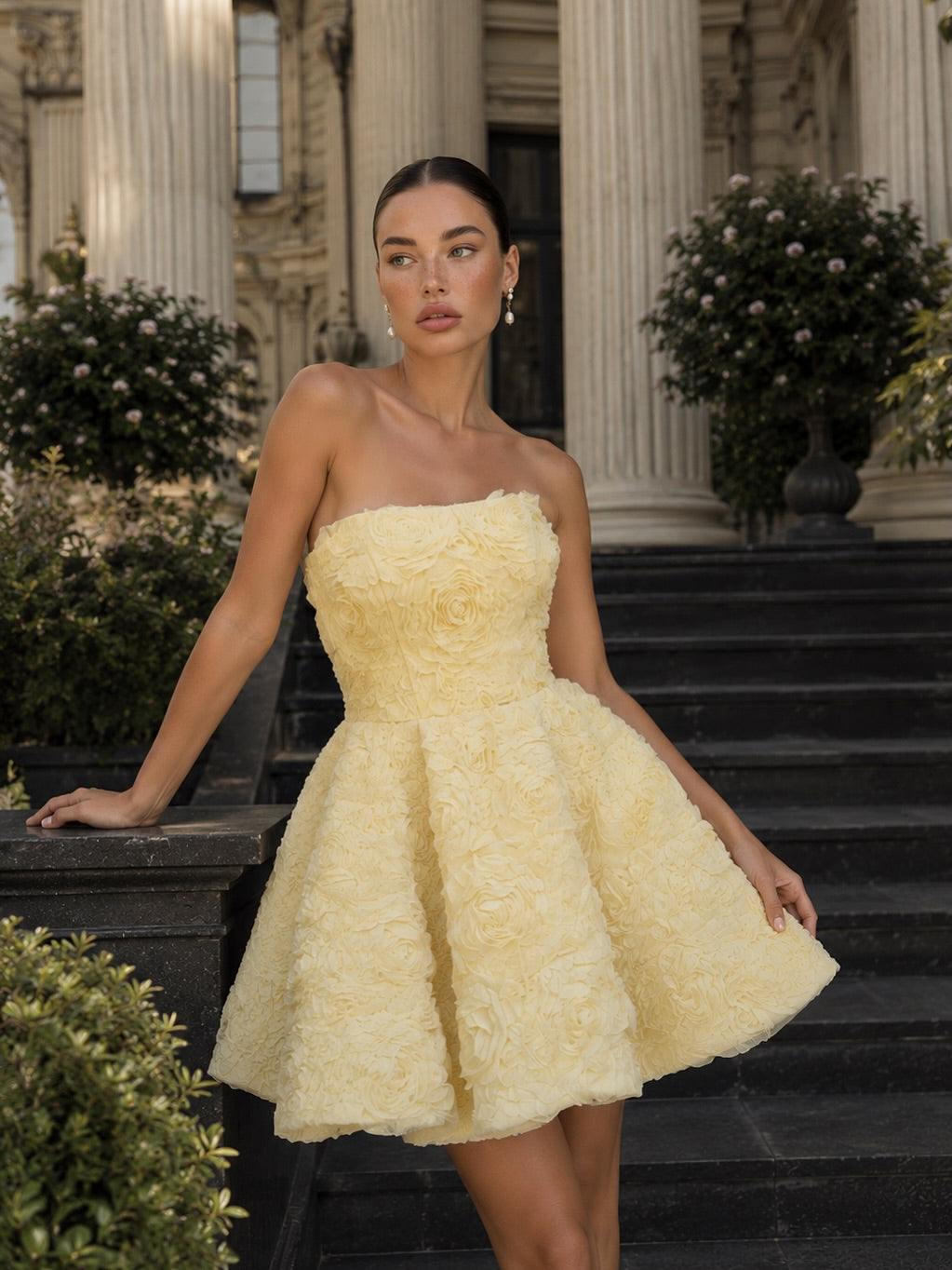 Strapless Rosette 3D Flower Mini A-Line Dress