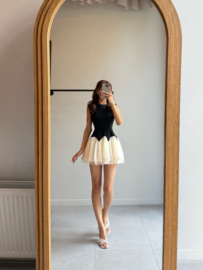Sleeveless Drop-Waist Tulle Hem Mini Dress