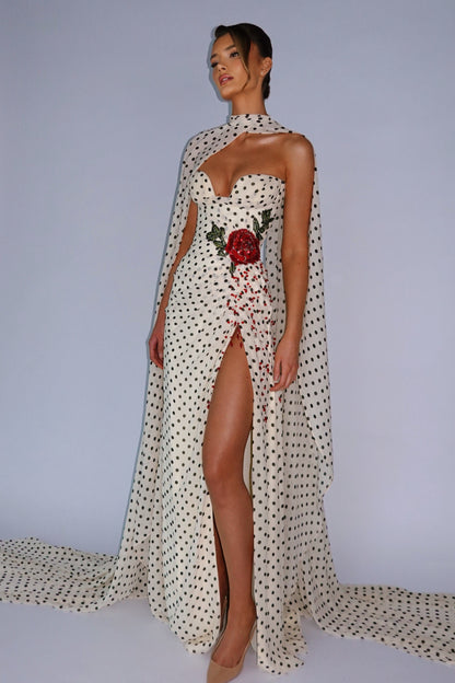 Polka Dot Gown with Floral Applique and Cape