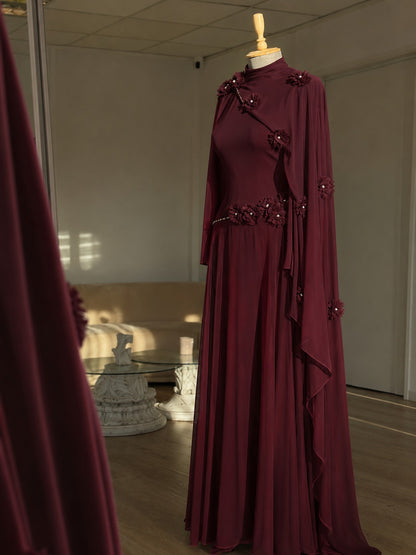 High Neck Cape Evening Gown with 3D Floral Appliques