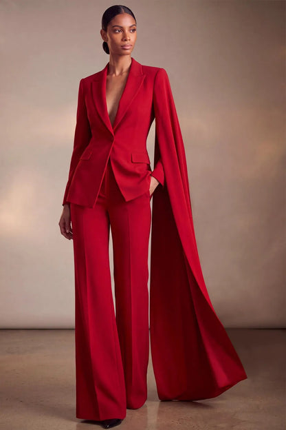 Cape Sleeve Blazer Pantsuit with Wide-Leg Trousers