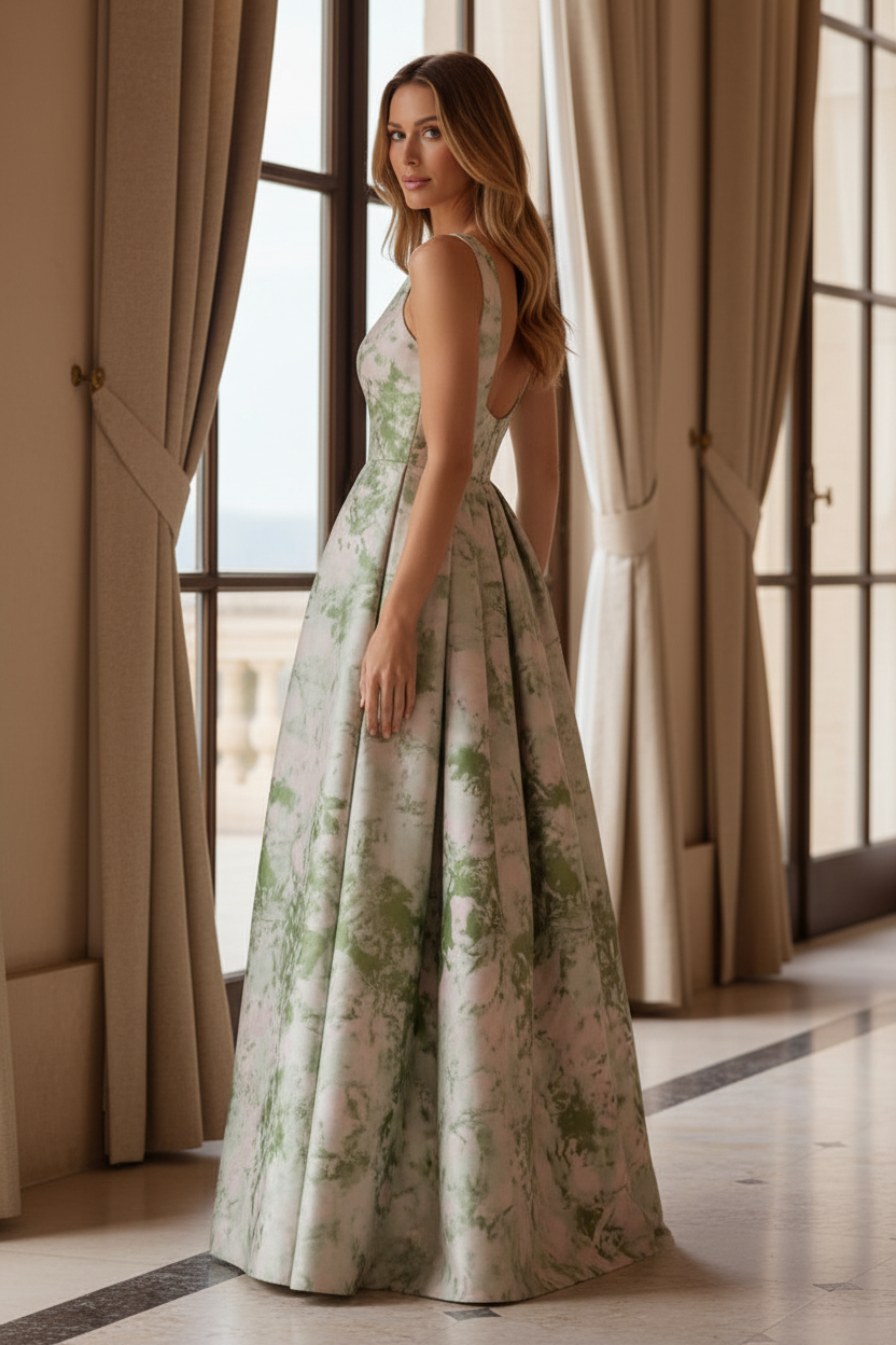 One-Shoulder Floral Print A-Line Gown with High Slit