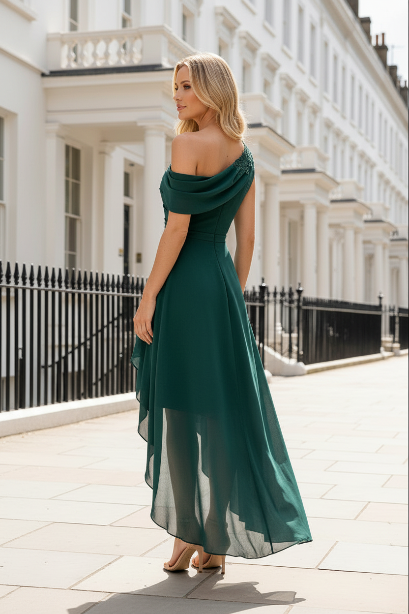 Asymmetrical High-Low Gown with Lace Shoulder