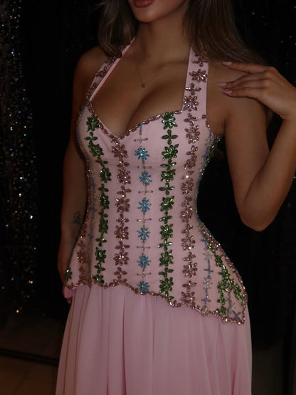 Halter Neck Beaded Corset Evening Gown