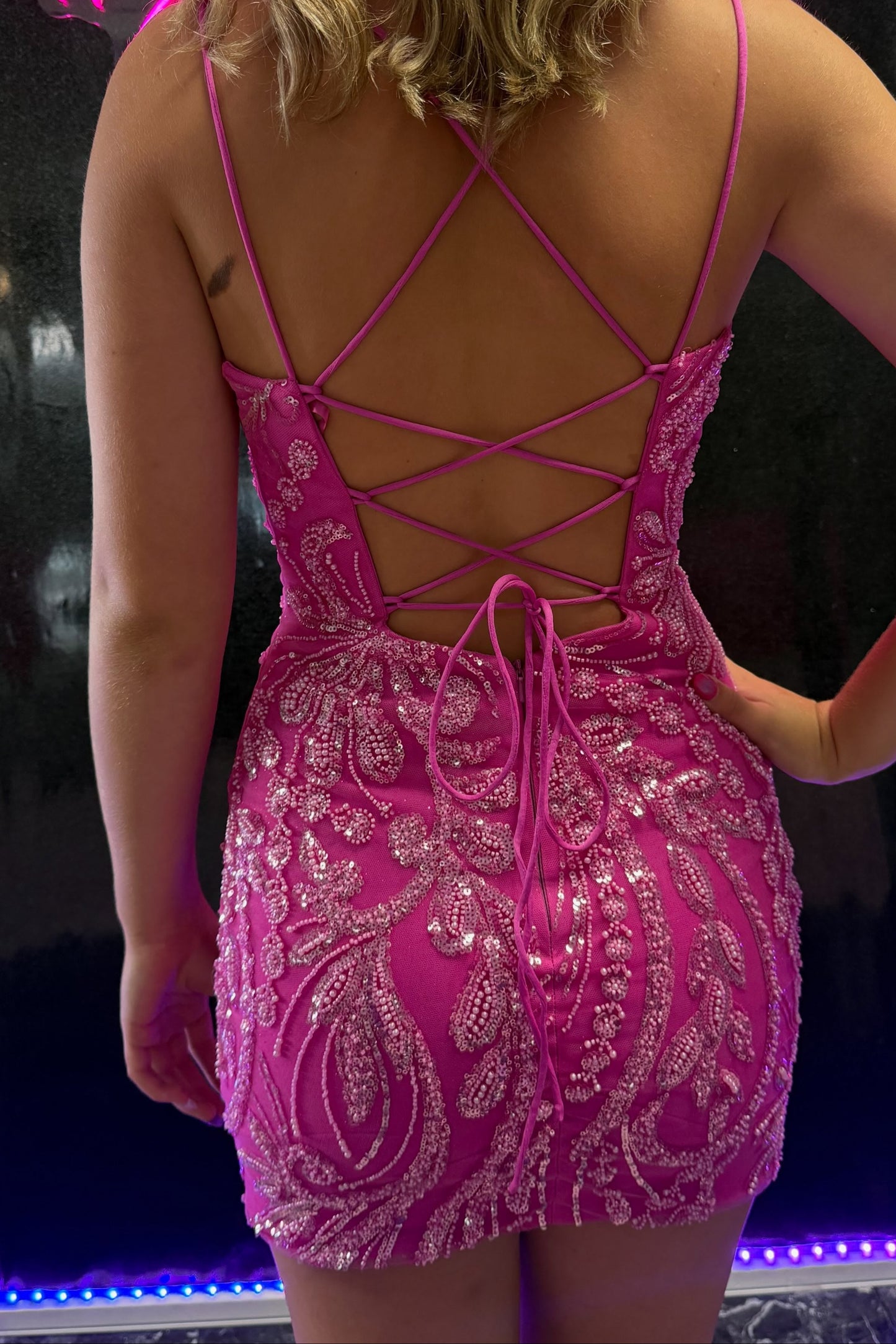 Beaded Spaghetti Strap Mini Dress with Lace-Up Back