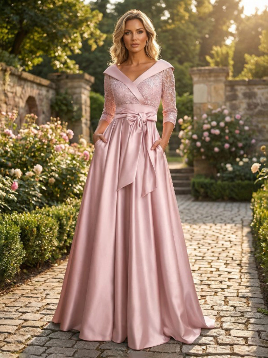 A-Line Satin and Lace Evening Gown with Pockets