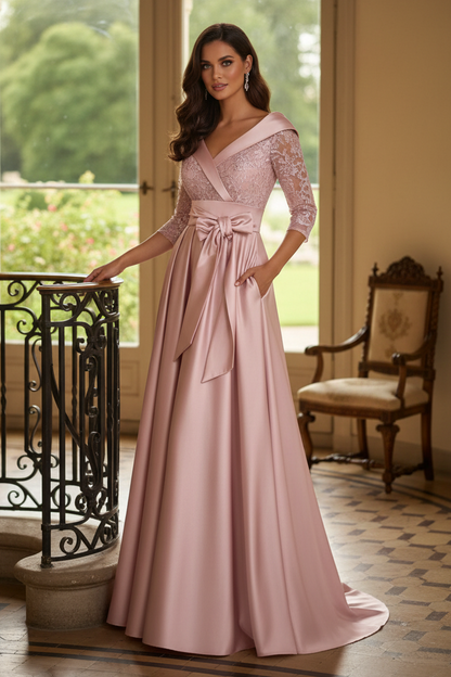 A-Line Satin and Lace Evening Gown with Pockets