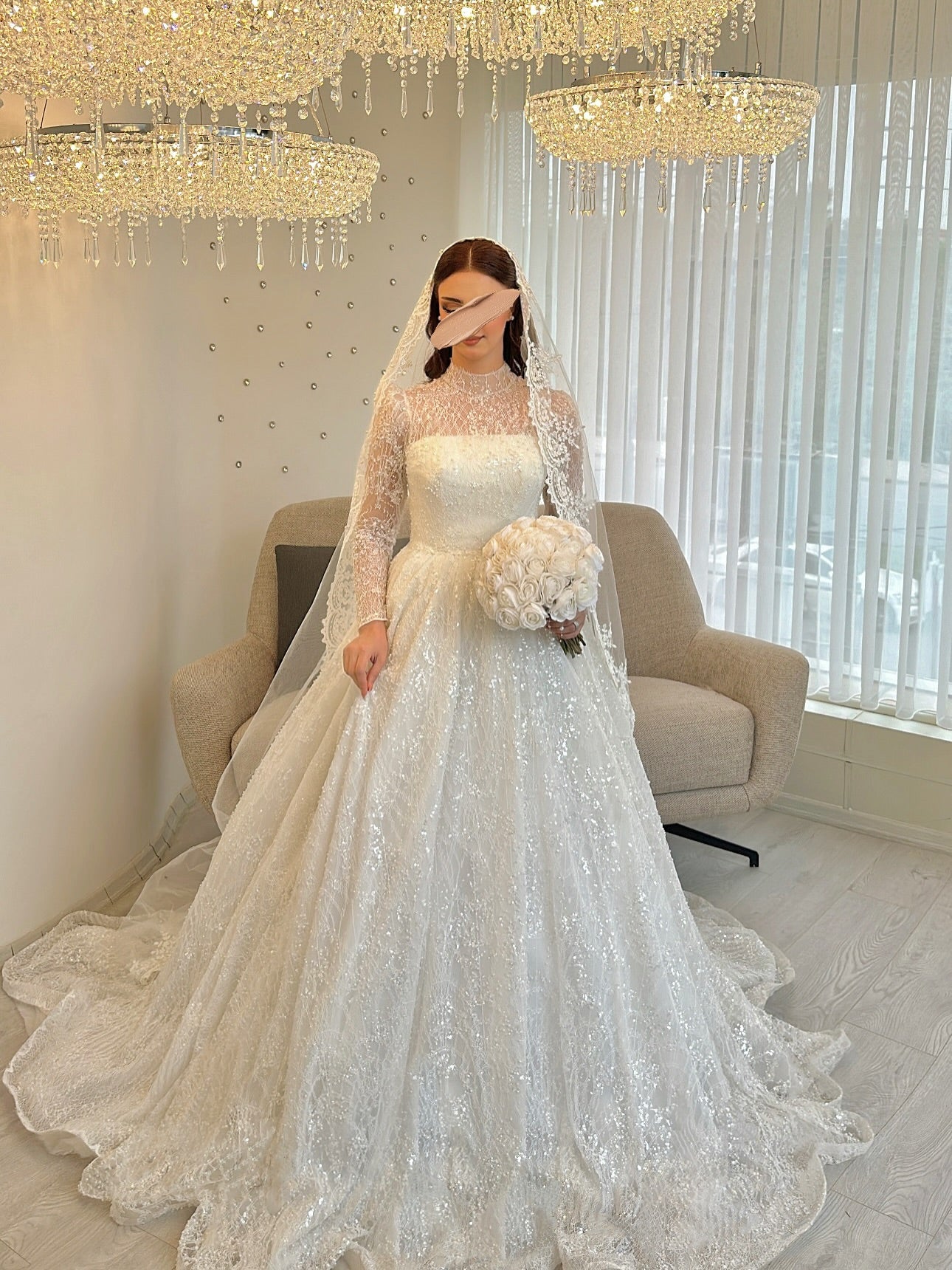 Illusion Long Sleeve Beaded Ball Gown Wedding Dress