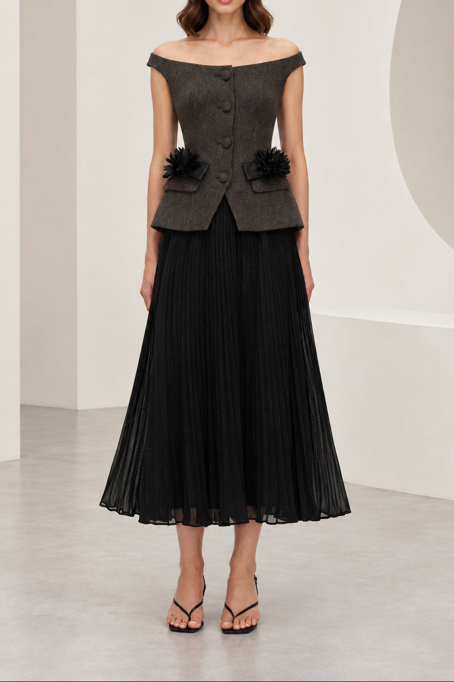 Off-Shoulder Peplum Bodice Pleated Midi Dress