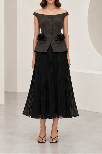 Off-Shoulder Peplum Bodice Pleated Midi Dress