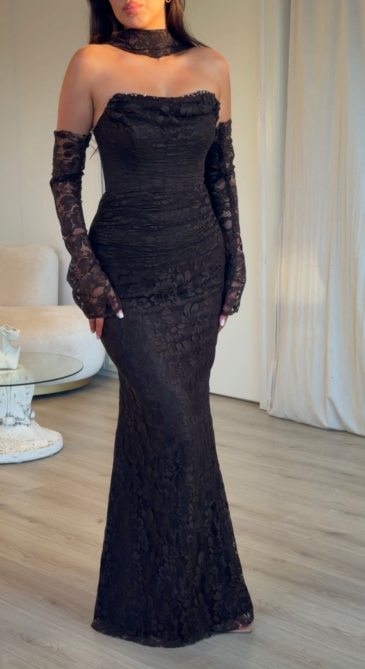 Lace Strapless Maxi Dress with Sleeves & Choker