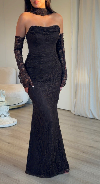 Lace Strapless Maxi Dress with Sleeves & Choker