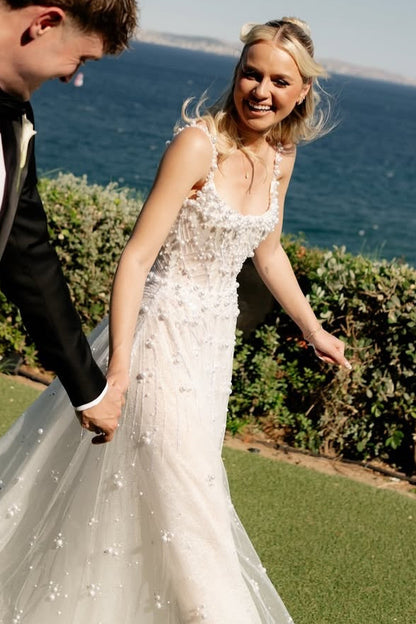 Pearl Beaded Tulle Wedding Dress with Chapel Train