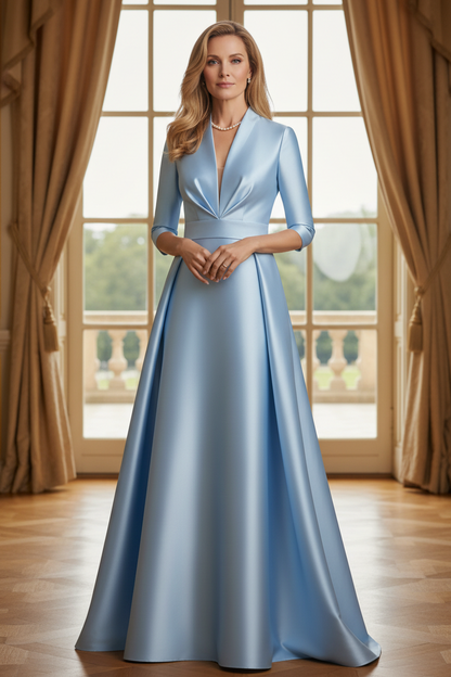 A-Line Satin Evening Gown with 3/4 Sleeves