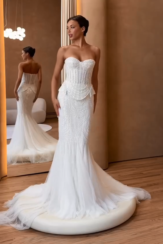 Beaded Strapless Mermaid Wedding Dress with Train
