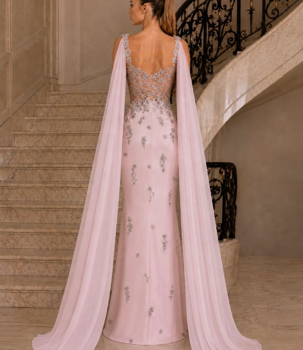 Embroidered Illusion Corset Gown with Shoulder Capes