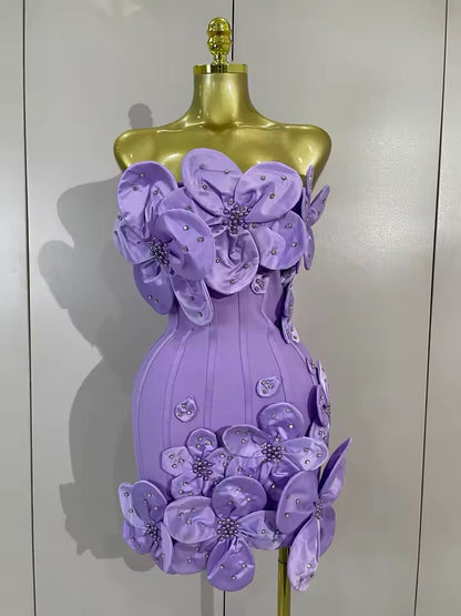 Strapless 3D Floral Applique Bodycon Mini Dress