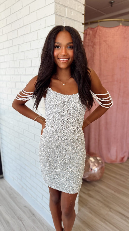 Pearl Embellished Off-the-Shoulder Bodycon Dress
