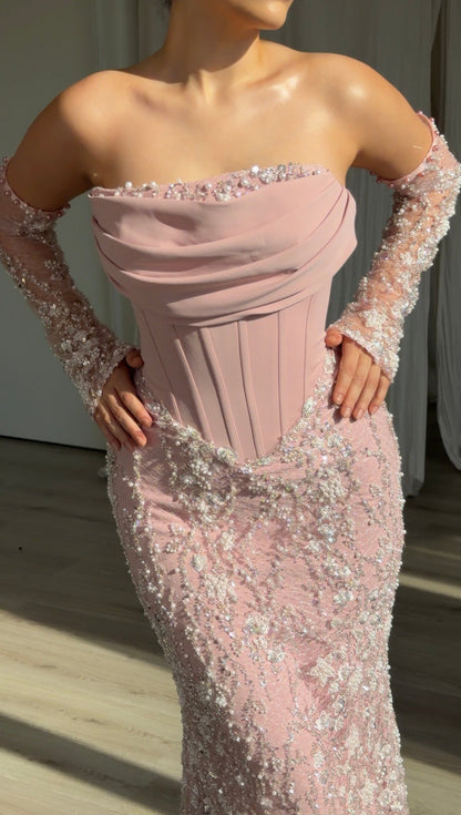 Beaded Corset Mermaid Gown with Sheer Sleeves