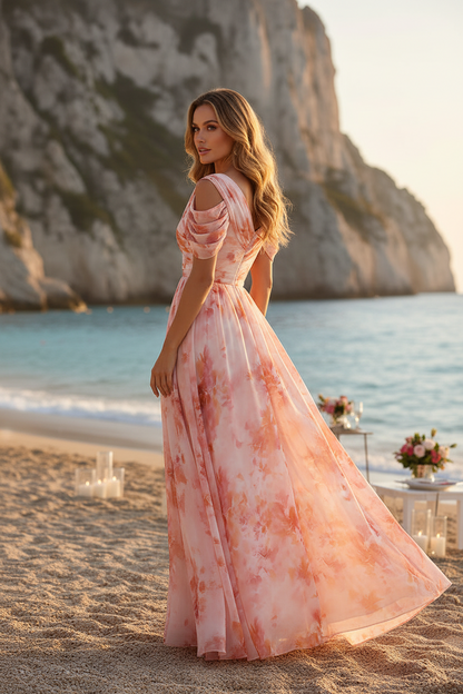 Floral Print Off-Shoulder A-Line Chiffon Evening Gown