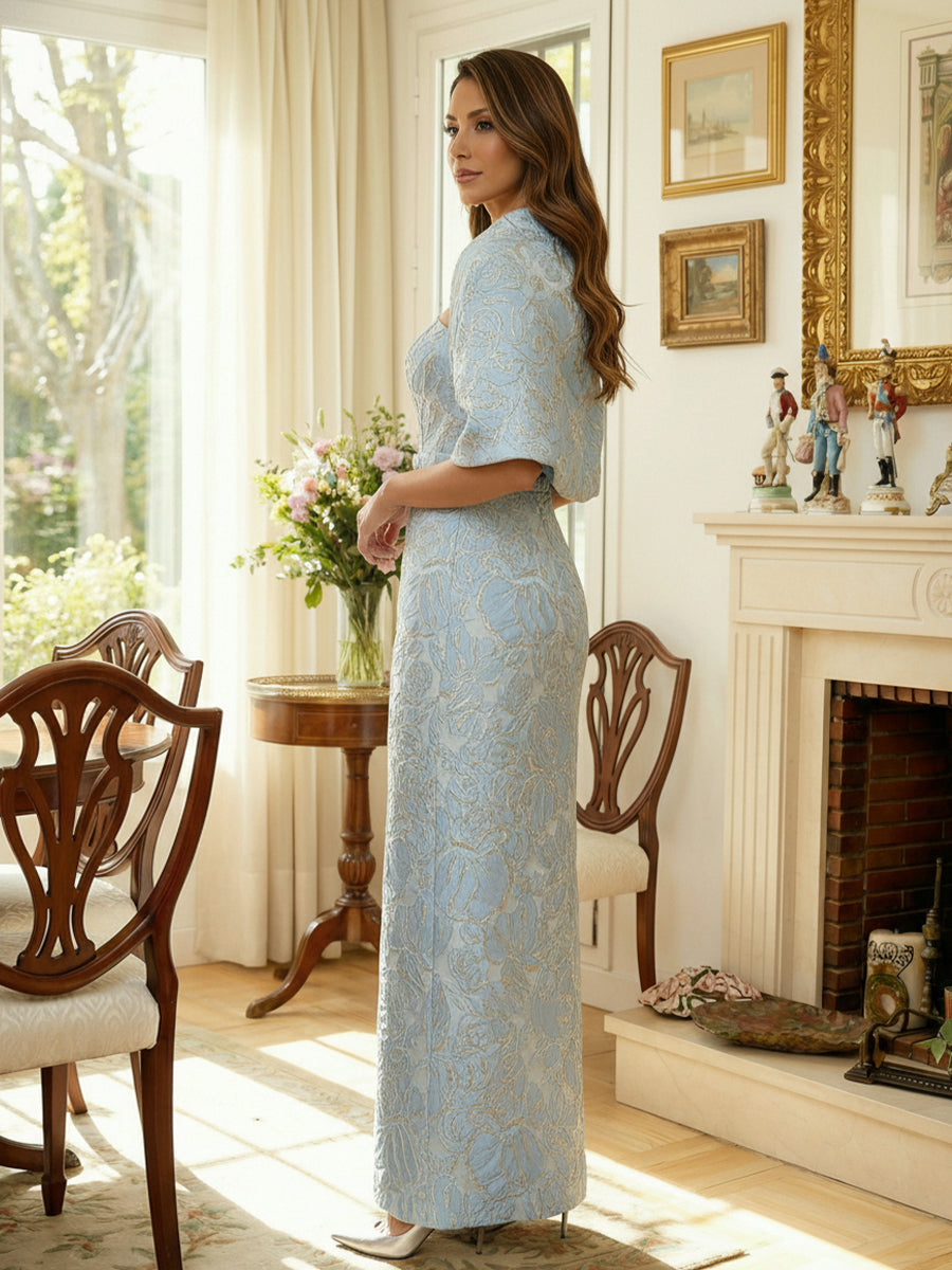Strapless Jacquard Column Gown with Matching Jacket