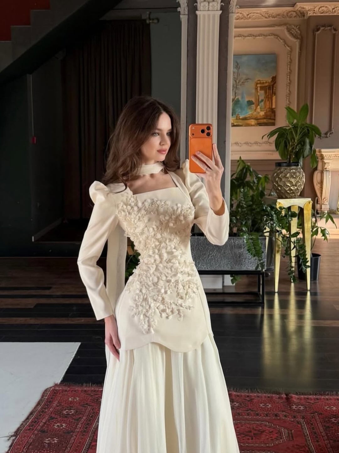 Floral Applique Long Sleeve Formal Gown