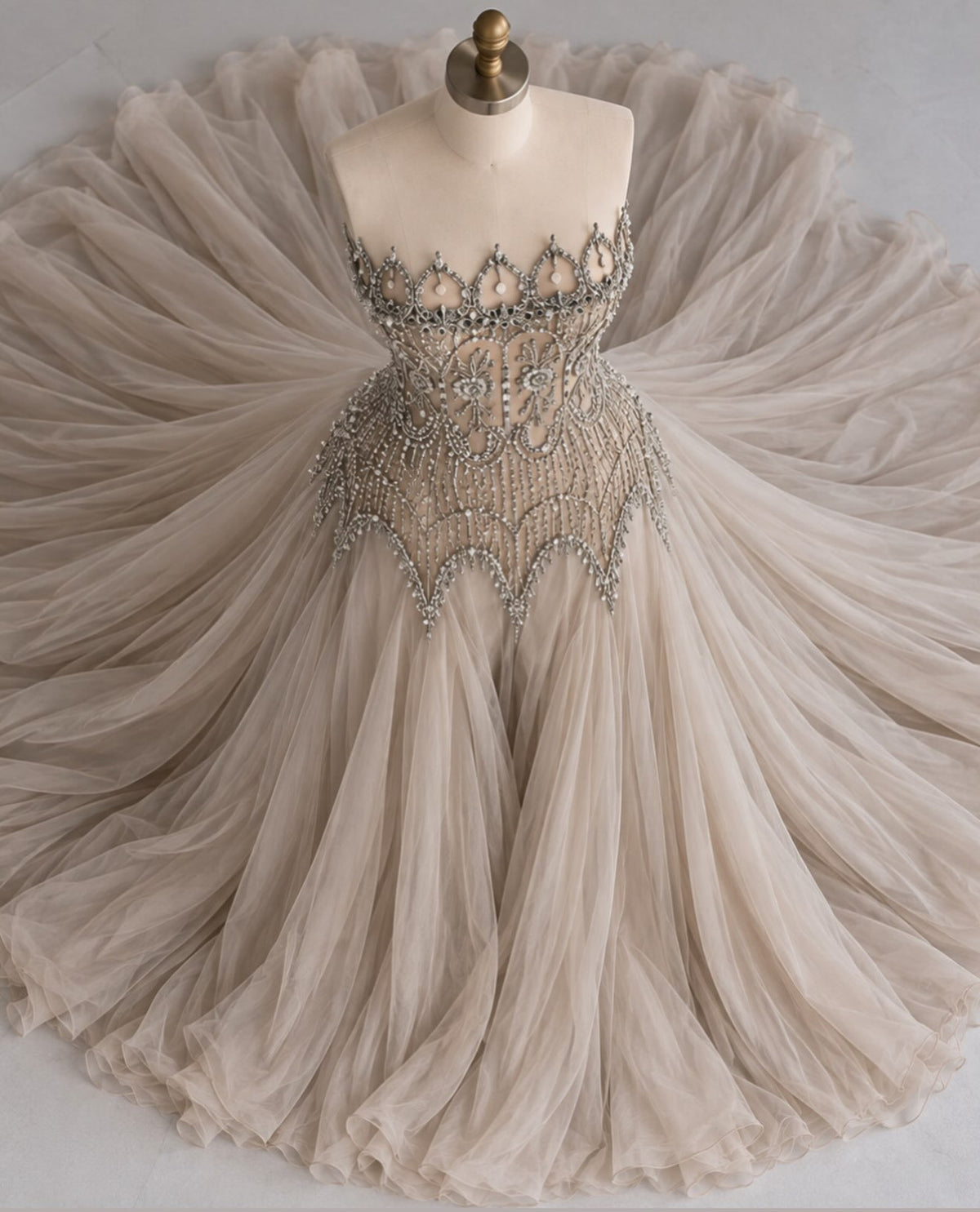 Strapless Beaded Bodice Tulle Ball Gown