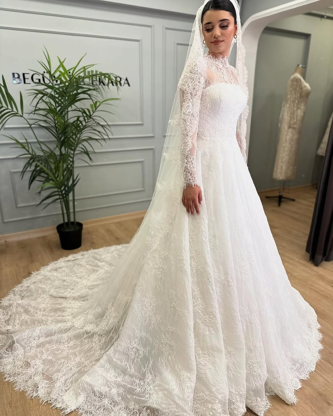 Lace Illusion Long Sleeve A-Line Wedding Dress