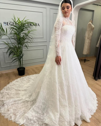 Lace Illusion Long Sleeve A-Line Wedding Dress