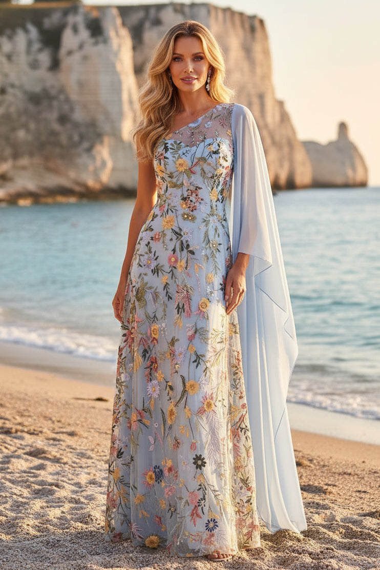 Floral Embroidered One-Shoulder Gown, Draped Sleeve