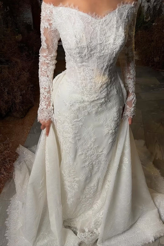 Off Shoulder Lace Mermaid Wedding Dress with Train