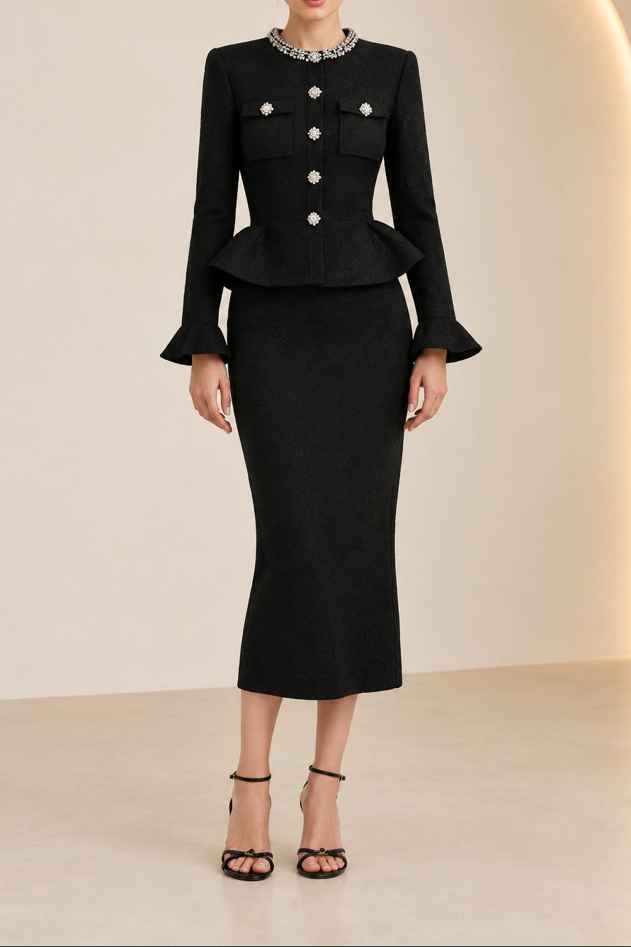 Embellished Peplum Jacket and Midi Skirt Set