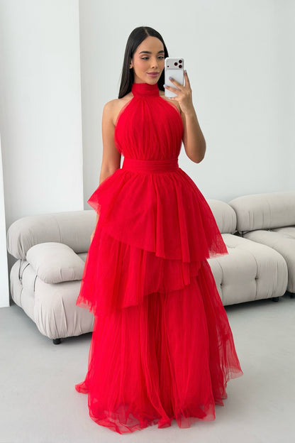 Tiered Tulle High-Neck Gown with Open Back