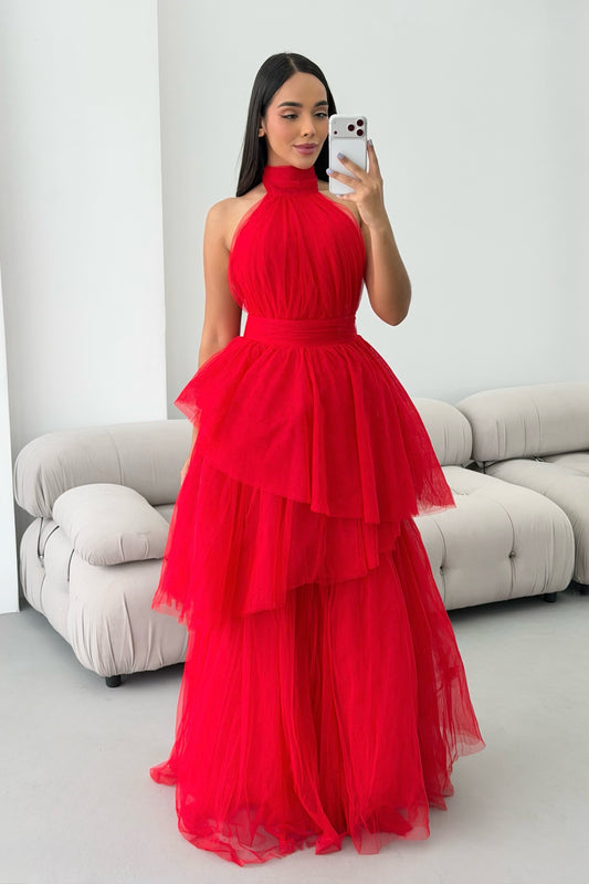 Tiered Tulle High-Neck Gown with Open Back