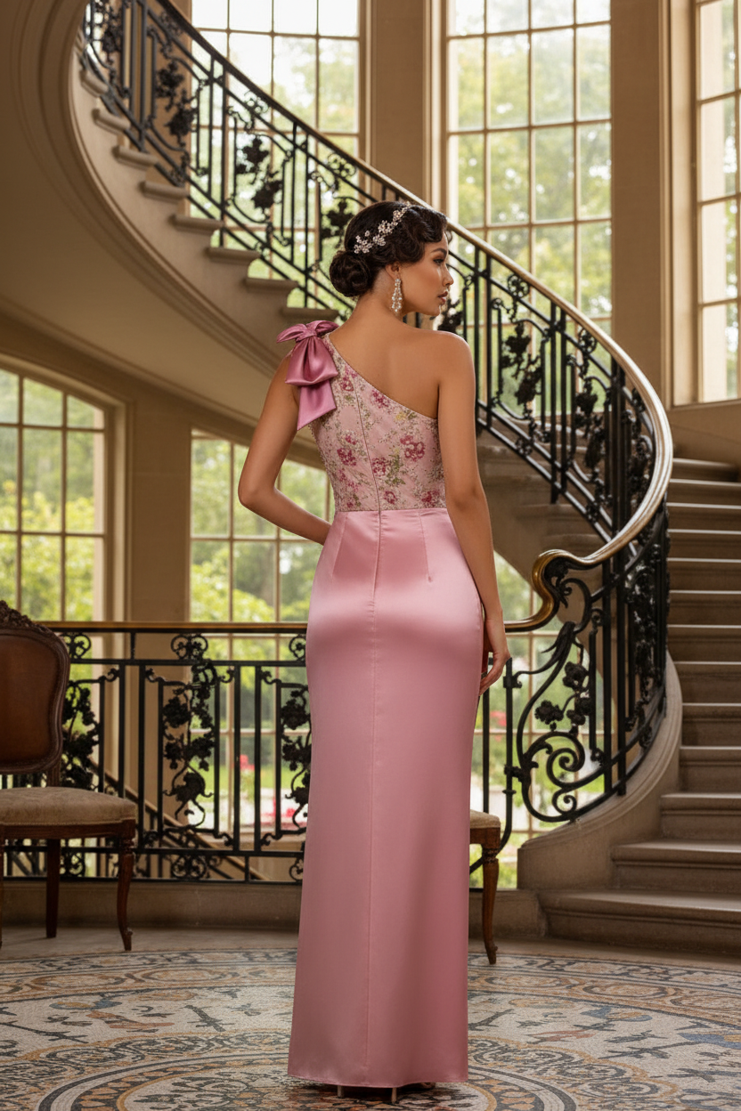 One-Shoulder Embroidered Satin Evening Gown