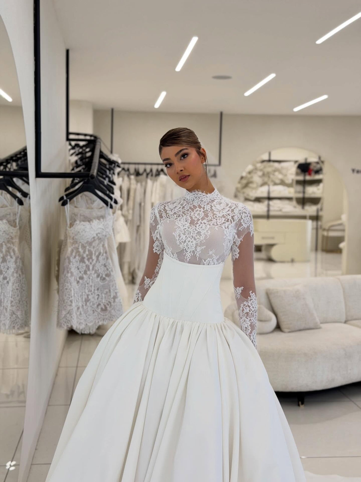 High Neck Lace Bodice Ball Gown Wedding Dress