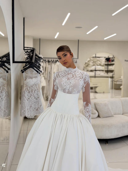High Neck Lace Bodice Ball Gown Wedding Dress