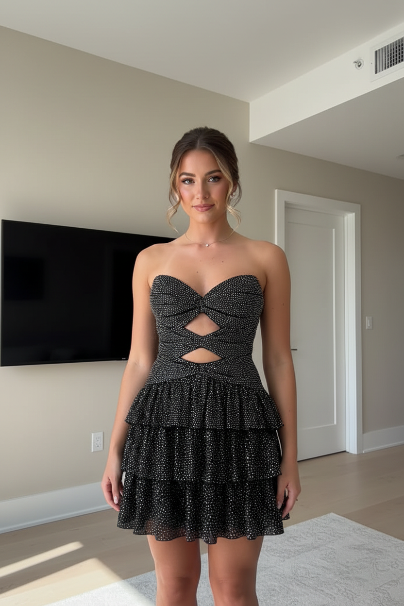 Strapless Cut-Out Glitter Tiered Homecoming Dress