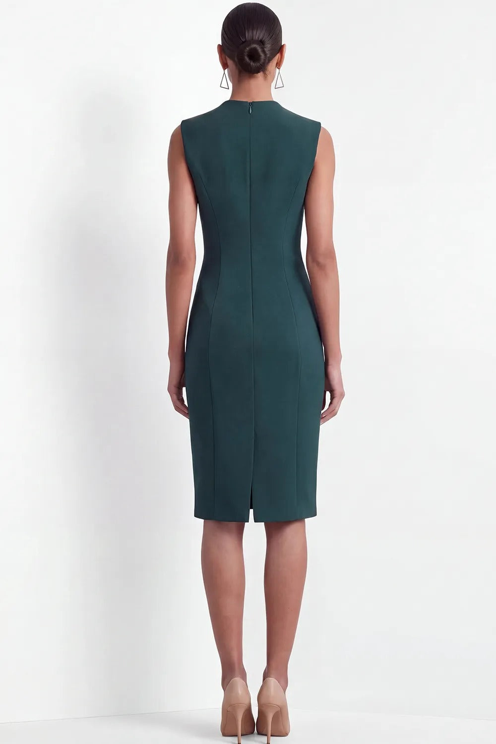 Sleeveless High-Neck Sheath Dress with Flap Accents