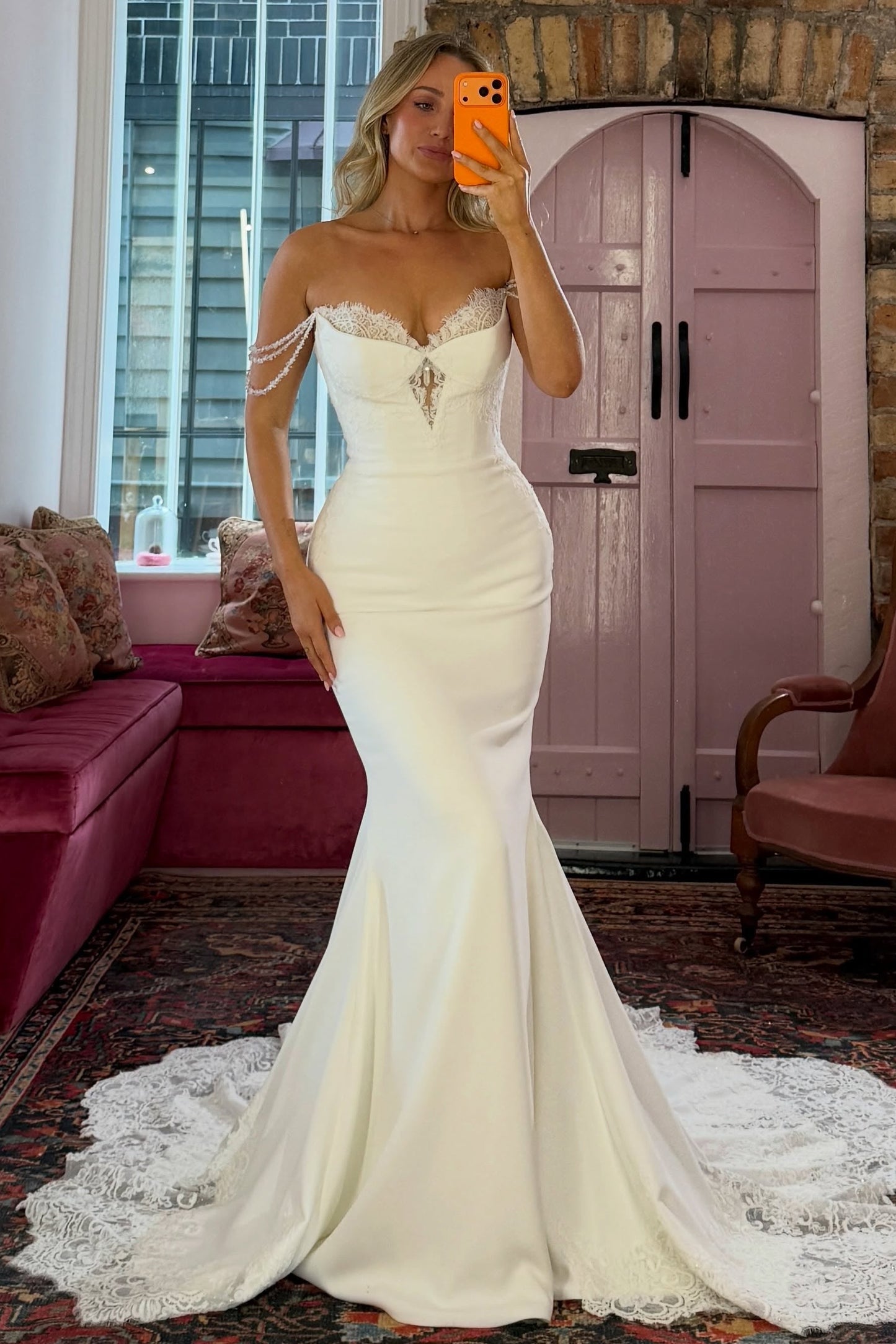 Off-Shoulder Satin Mermaid Wedding Gown with Lace Train