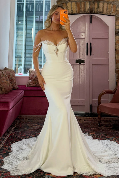 Off-Shoulder Satin Mermaid Wedding Gown with Lace Train
