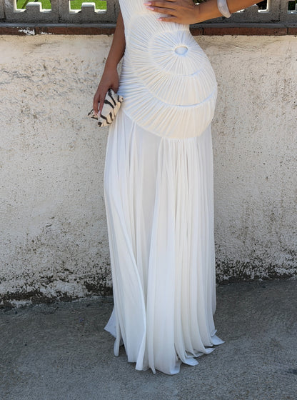 Deep V Halter Ruched Drop-Waist Maxi Dress