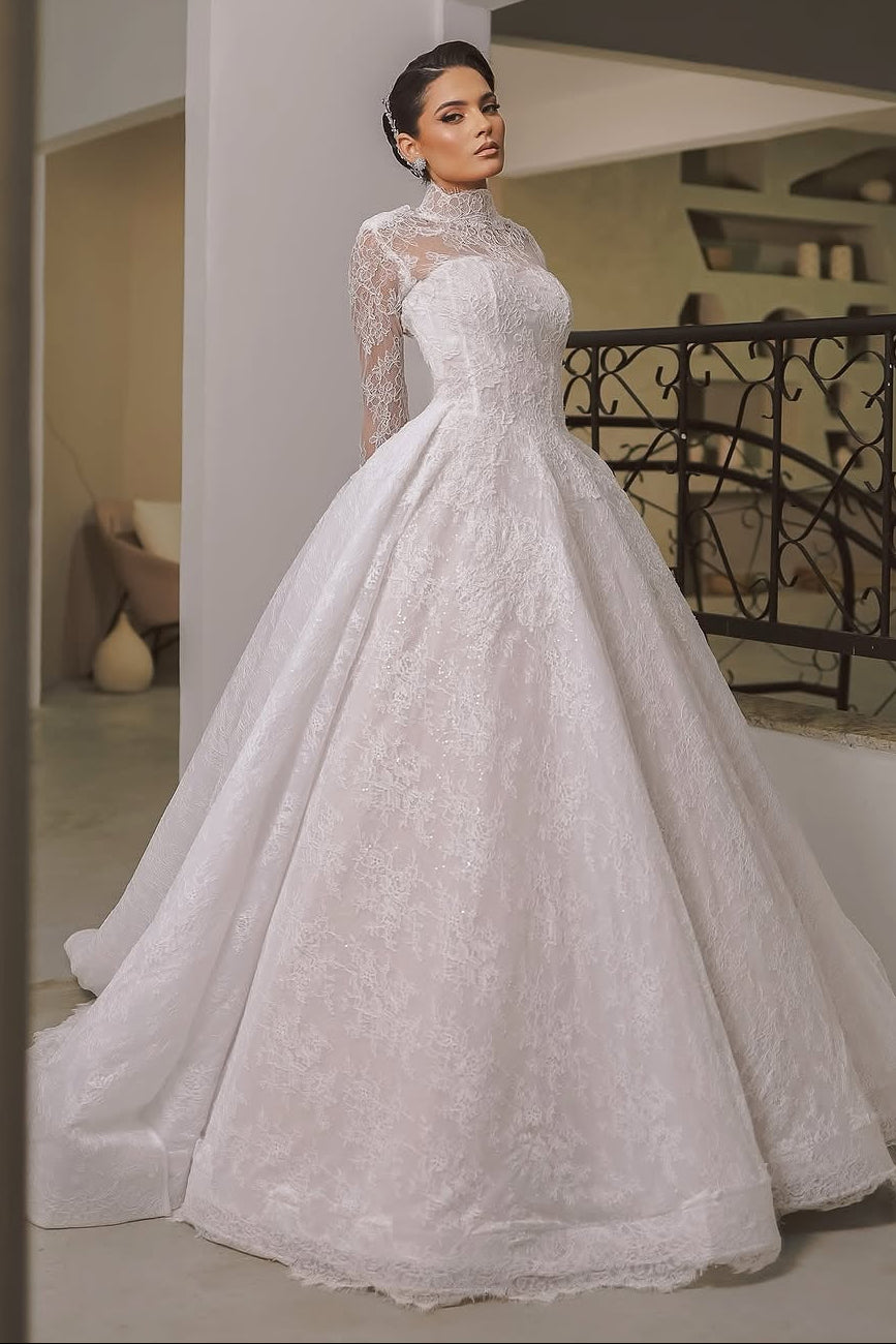 High Neck Lace Ball Gown Wedding Dress