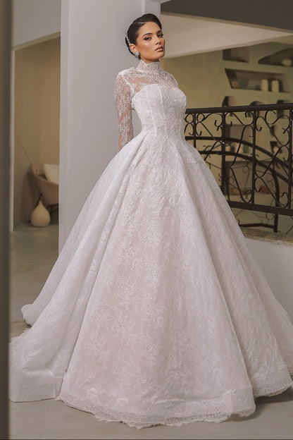 High Neck Lace Ball Gown Wedding Dress