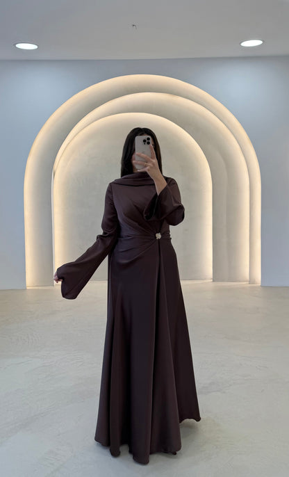 Asymmetrical Satin Evening Gown with Draped Cape