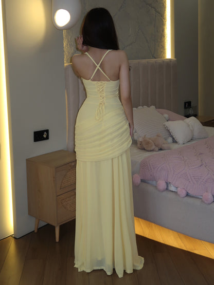 Square Neck Ruched Chiffon Gown with Lace-Up Back